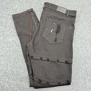 FOCUS JEANS Mens Black Distressed Broken Heart Paint Splatter Moto Jeans 36x32